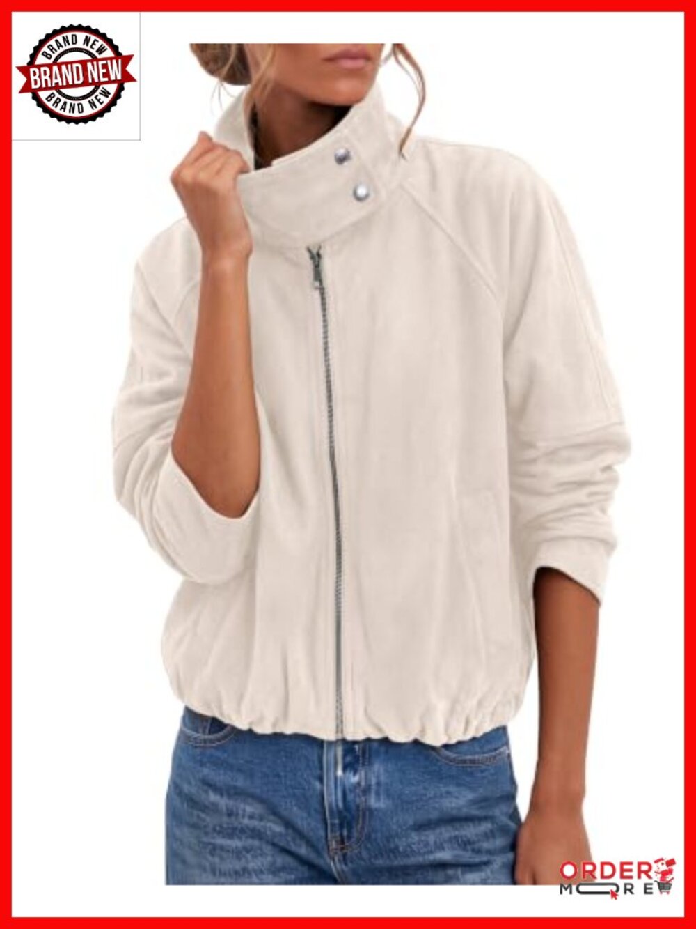 Faux Suede Cropped Funnel Neck Zip Up Jacket